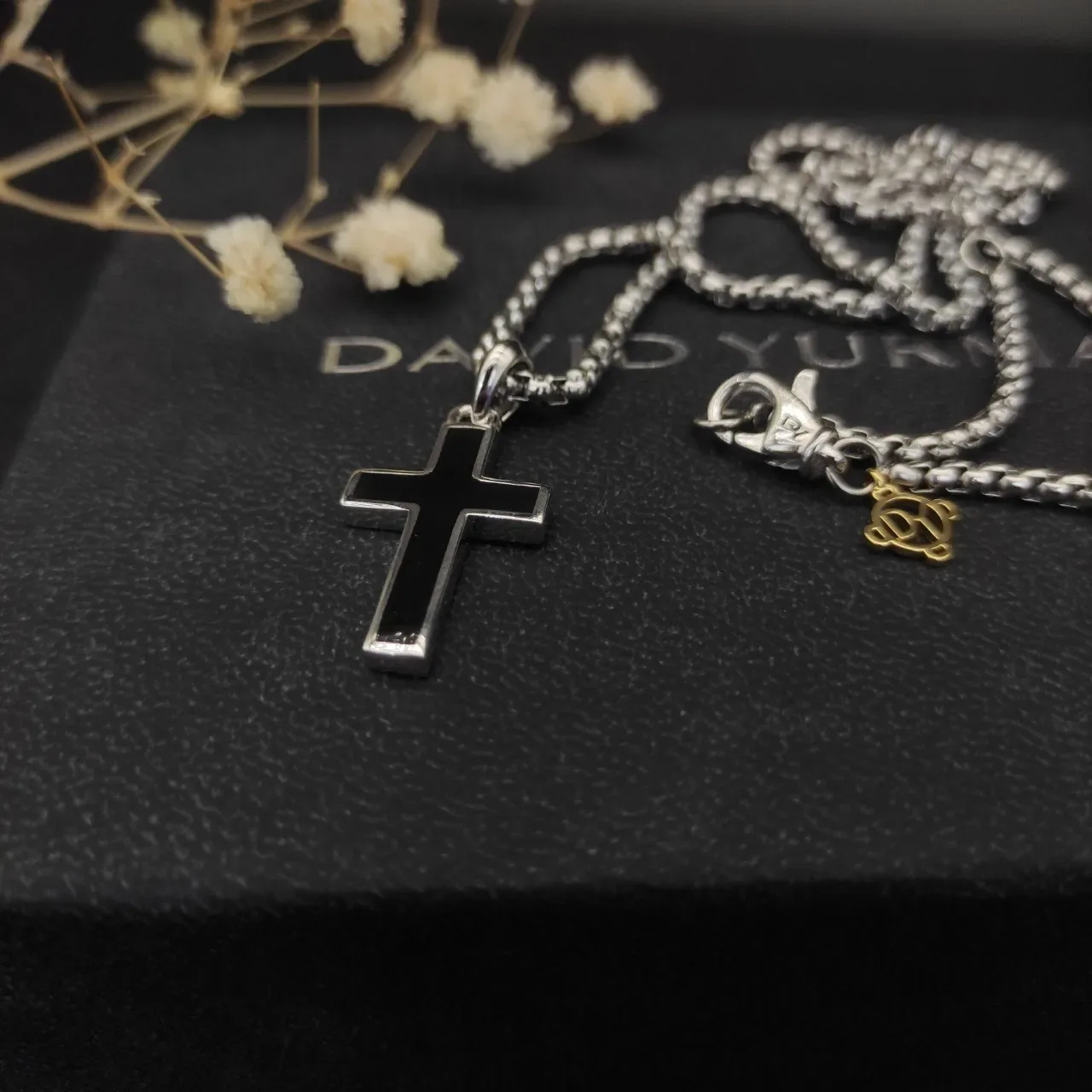 David Yurman Silver Gold Textured Cross Pendant Cable-Link Chain Necklace 7