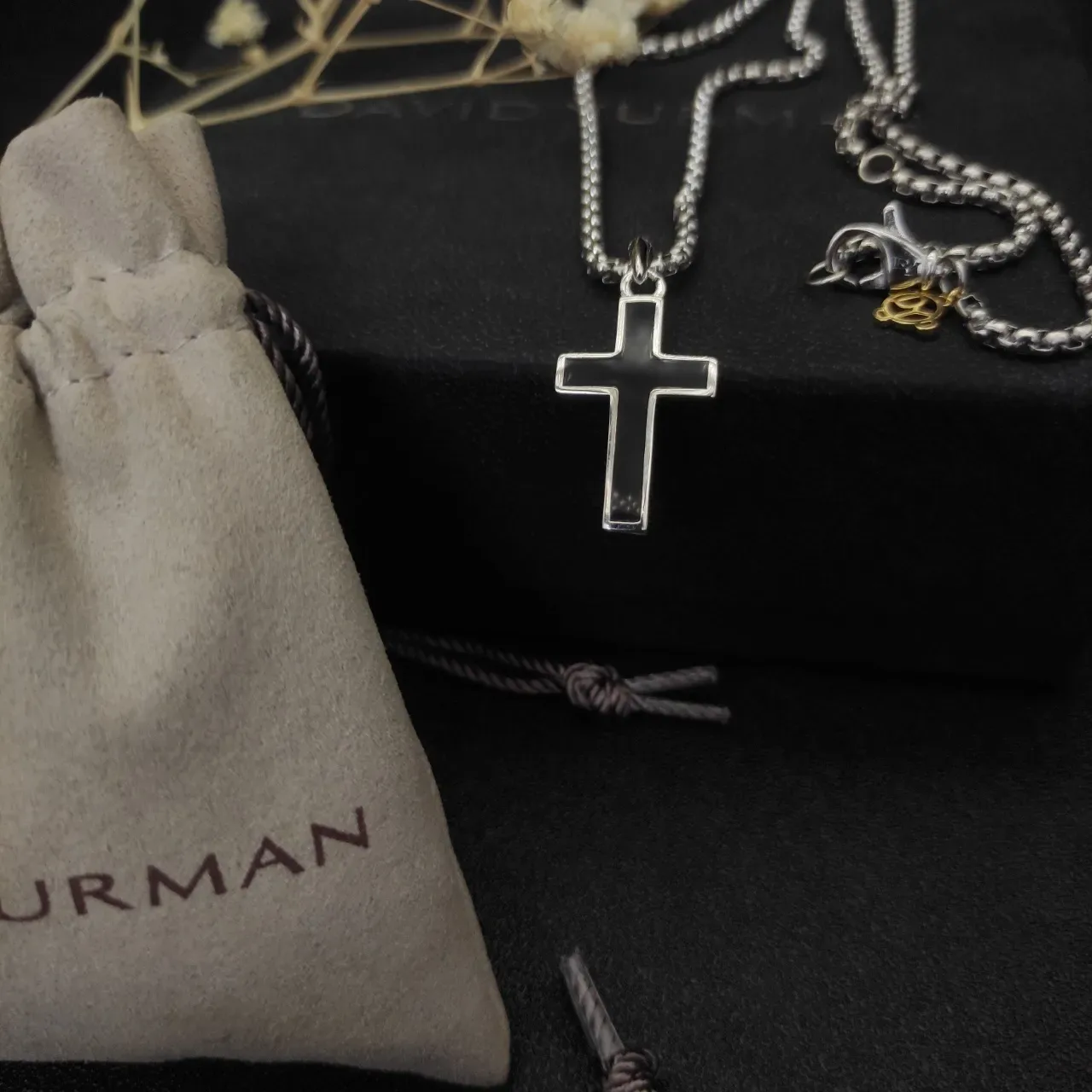 David Yurman Silver Gold Textured Cross Pendant Cable-Link Chain Necklace 8