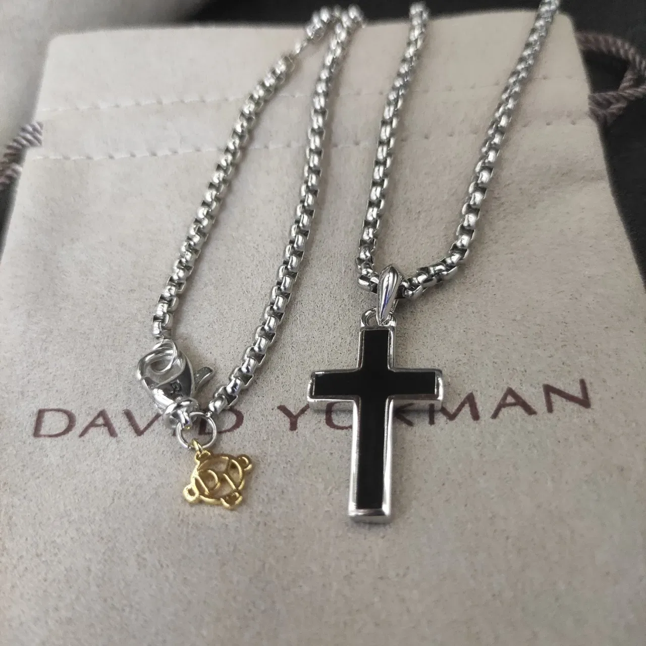 David Yurman Silver Gold Textured Cross Pendant Cable-Link Chain Necklace 9