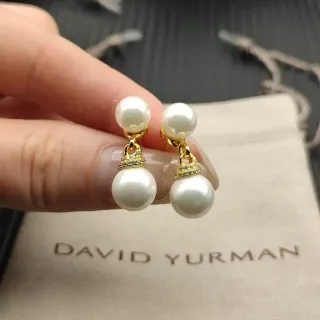 David Yurman White Gold Double-Pearl Drop Metal Earrings
