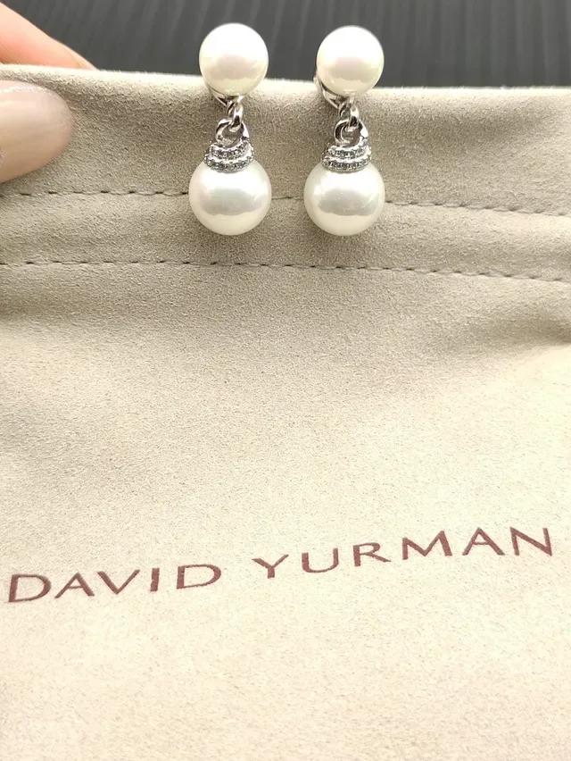 David Yurman White Gold Double-Pearl Drop Metal Earrings 3