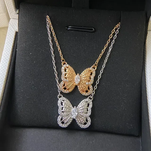 De Beers Silver Gold Butterfly Pendant Pavé-Set Clear Stones Necklace 4
