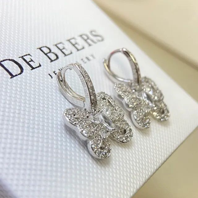 De Beers Silver Gold Butterfly Silhouette Pavé-Set Clear Stones Earrings 6