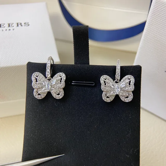 De Beers Silver Gold Butterfly Silhouette Pavé-Set Clear Stones Earrings 7