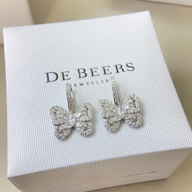 De Beers Silver Gold Butterfly Silhouette Pavé-Set Clear Stones Earrings 8