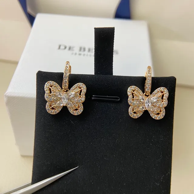 De Beers Silver Gold Butterfly Silhouette Pavé-Set Clear Stones Earrings 9