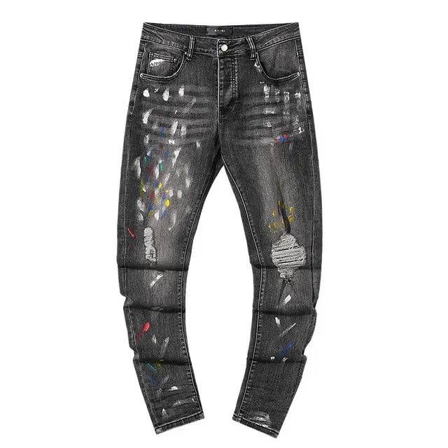 Distressed Paint-Splatter Decorated Slim-Fit Dark Gray Jeans 2