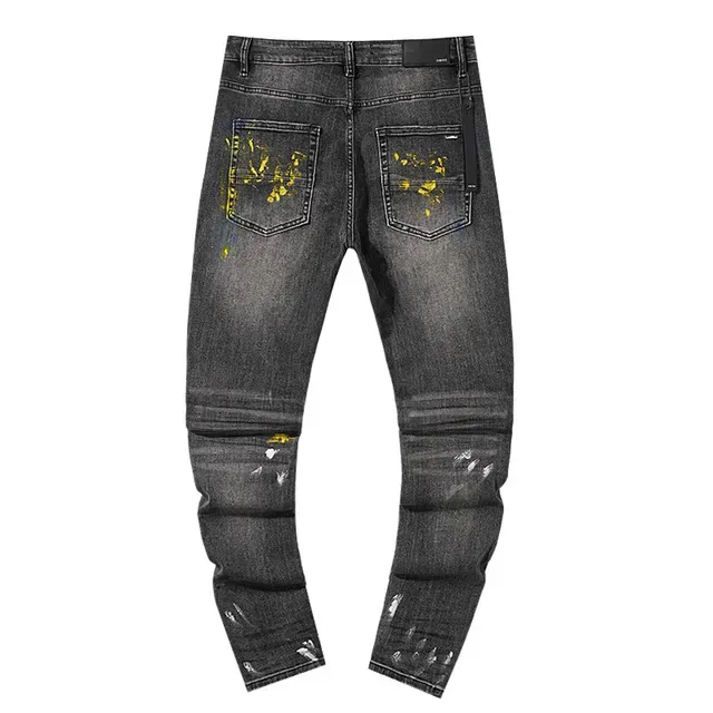 Distressed Paint-Splatter Decorated Slim-Fit Dark Gray Jeans 3