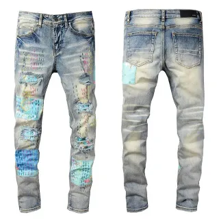 Distressed Patchwork Embroidered Light-Wash Blue Jeans