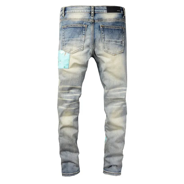 Distressed Patchwork Embroidered Light-Wash Blue Jeans 8
