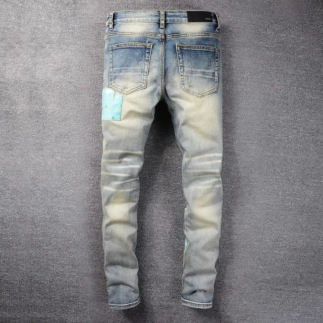 Distressed Patchwork Embroidered Light-Wash Blue Jeans 10