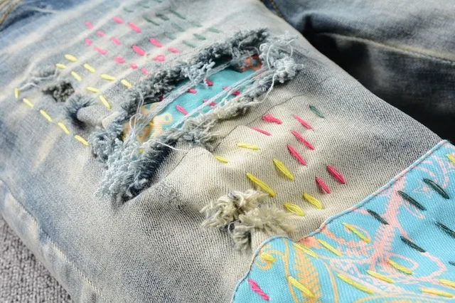Distressed Patchwork Embroidered Light-Wash Blue Jeans 13