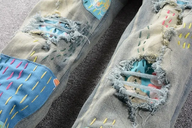 Distressed Patchwork Embroidered Light-Wash Blue Jeans 14