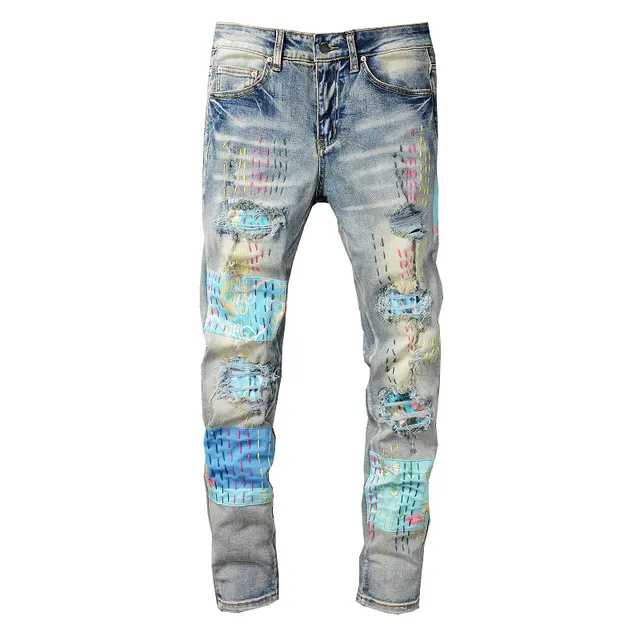 Distressed Patchwork Embroidered Light-Wash Blue Jeans 18