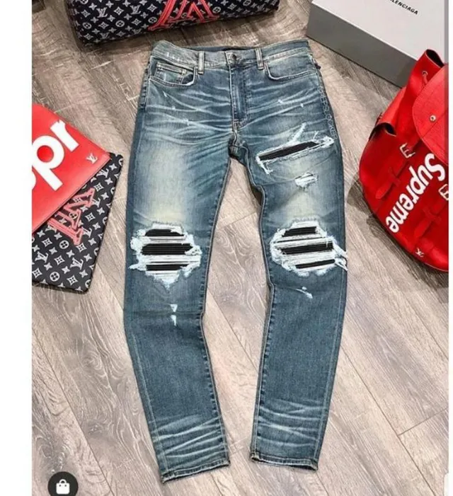 Distressed Ripped Slim-Tapered Stone-Washed Blue Jeans 2