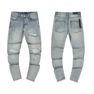 Distressed Slim-Fit Light-Wash Blue Jeans