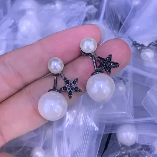 Double-Sided Pearl and Star Pavé Earrings