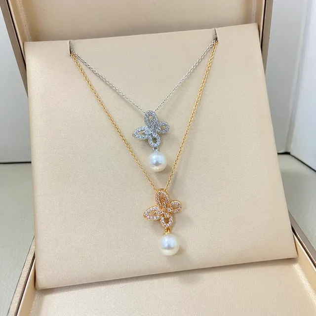 Dual-Tone Floral Pavé Pearl Pendant Necklaces 3