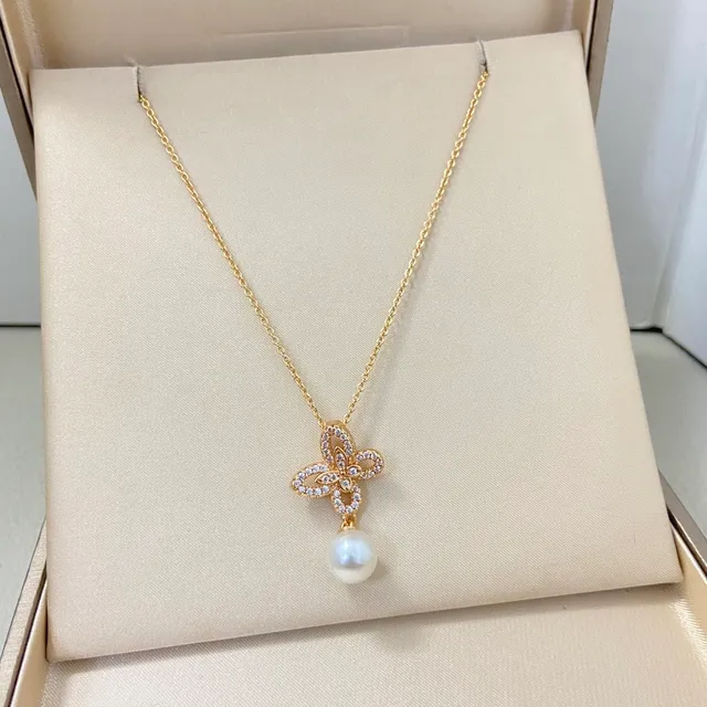 Dual-Tone Floral Pavé Pearl Pendant Necklaces 5