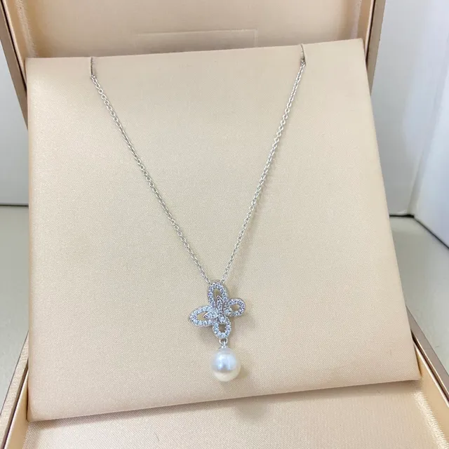 Dual-Tone Floral Pavé Pearl Pendant Necklaces 6