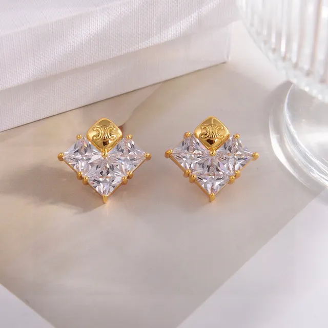 Dual-Tone Square-Cut Crystal Stud Earrings 3
