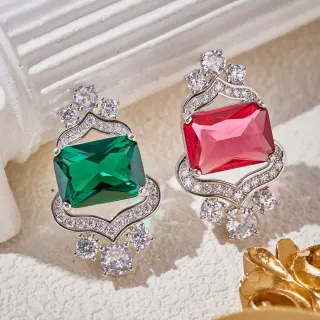 Emerald and Ruby Shield-Halo Stud Earrings