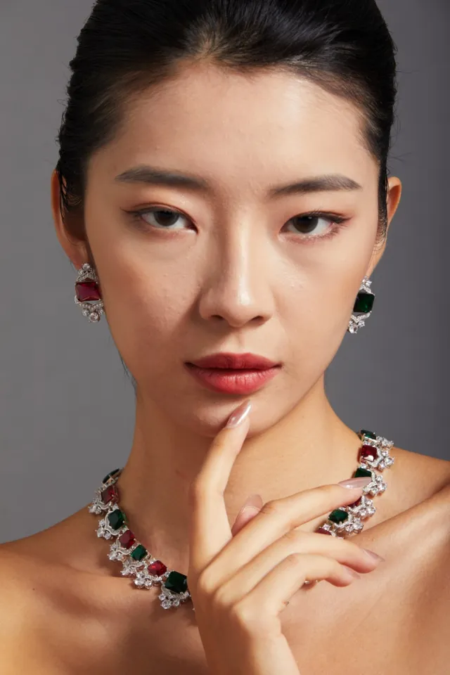 Emerald and Ruby Shield-Halo Stud Earrings 2