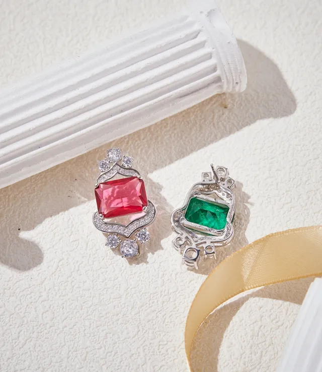 Emerald and Ruby Shield-Halo Stud Earrings 3