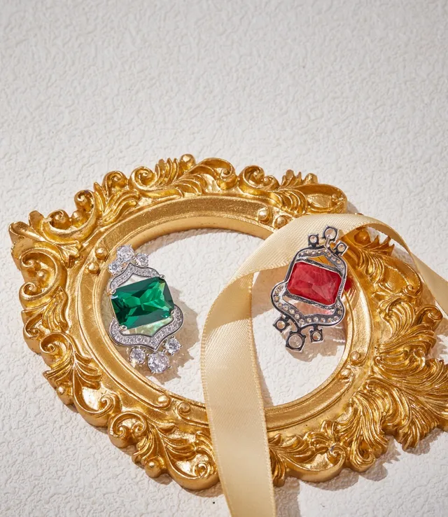 Emerald and Ruby Shield-Halo Stud Earrings 6
