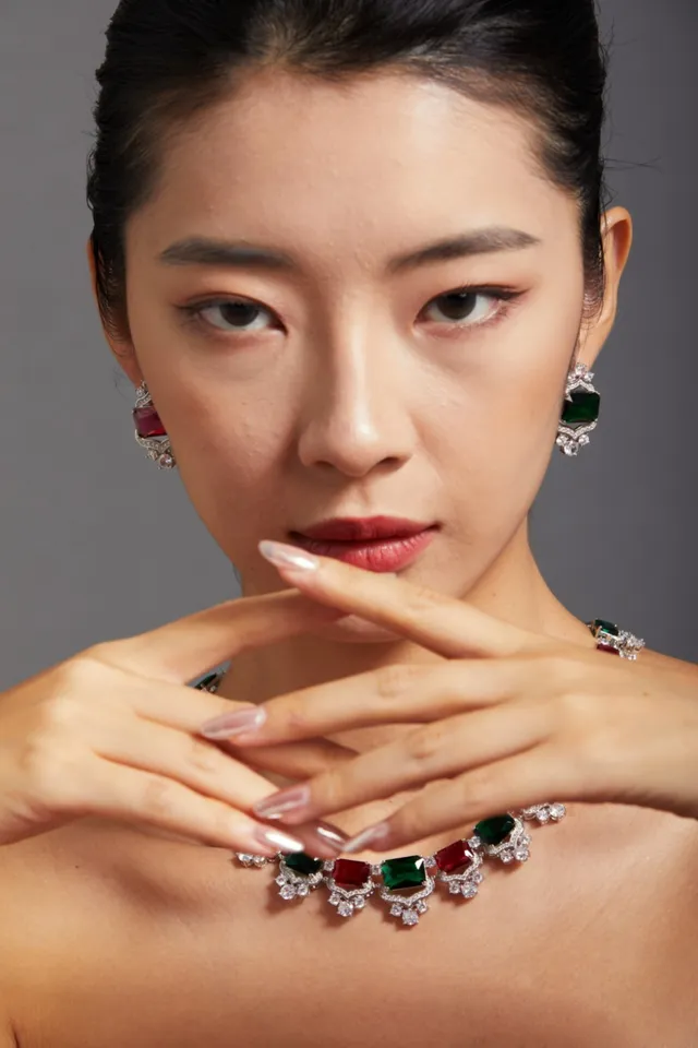 Emerald and Ruby Shield-Halo Stud Earrings 7