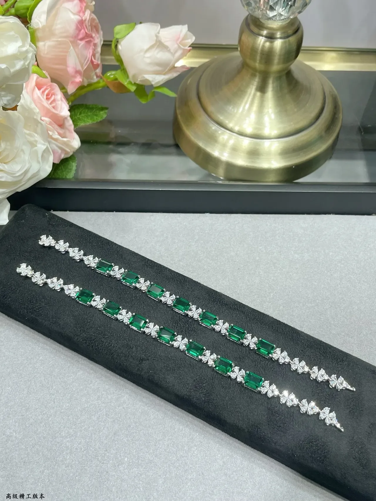 Emerald-Cut Green and Clear Stone Silver-Tone Linear Bracelets 3
