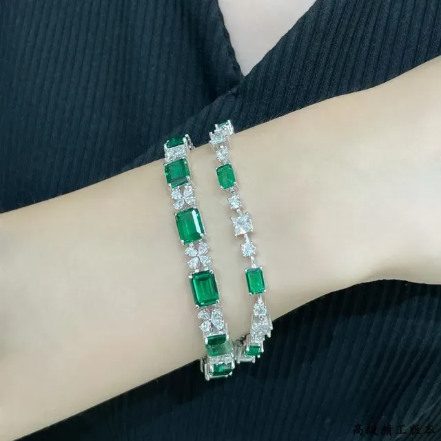 Emerald-Cut Green and Clear Stone Silver-Tone Linear Bracelets 8
