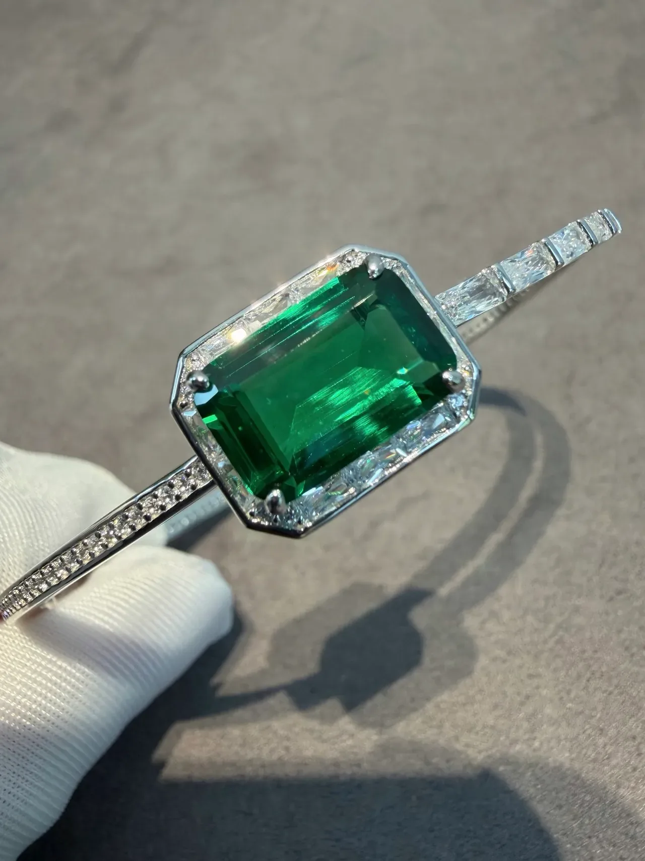 Emerald-Cut Green Gemstone Halo Bangle Bracelets 3