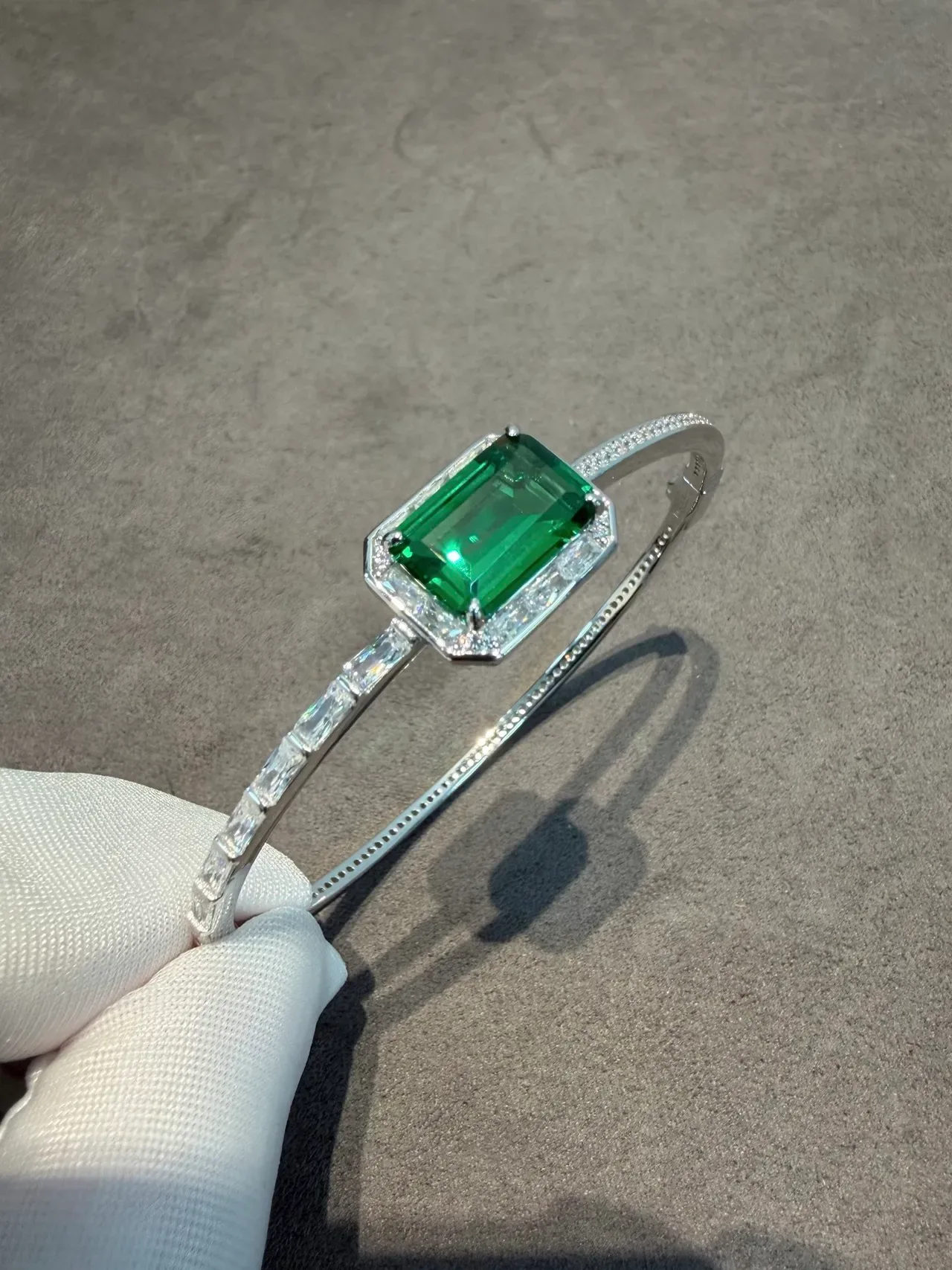 Emerald-Cut Green Gemstone Halo Bangle Bracelets 4