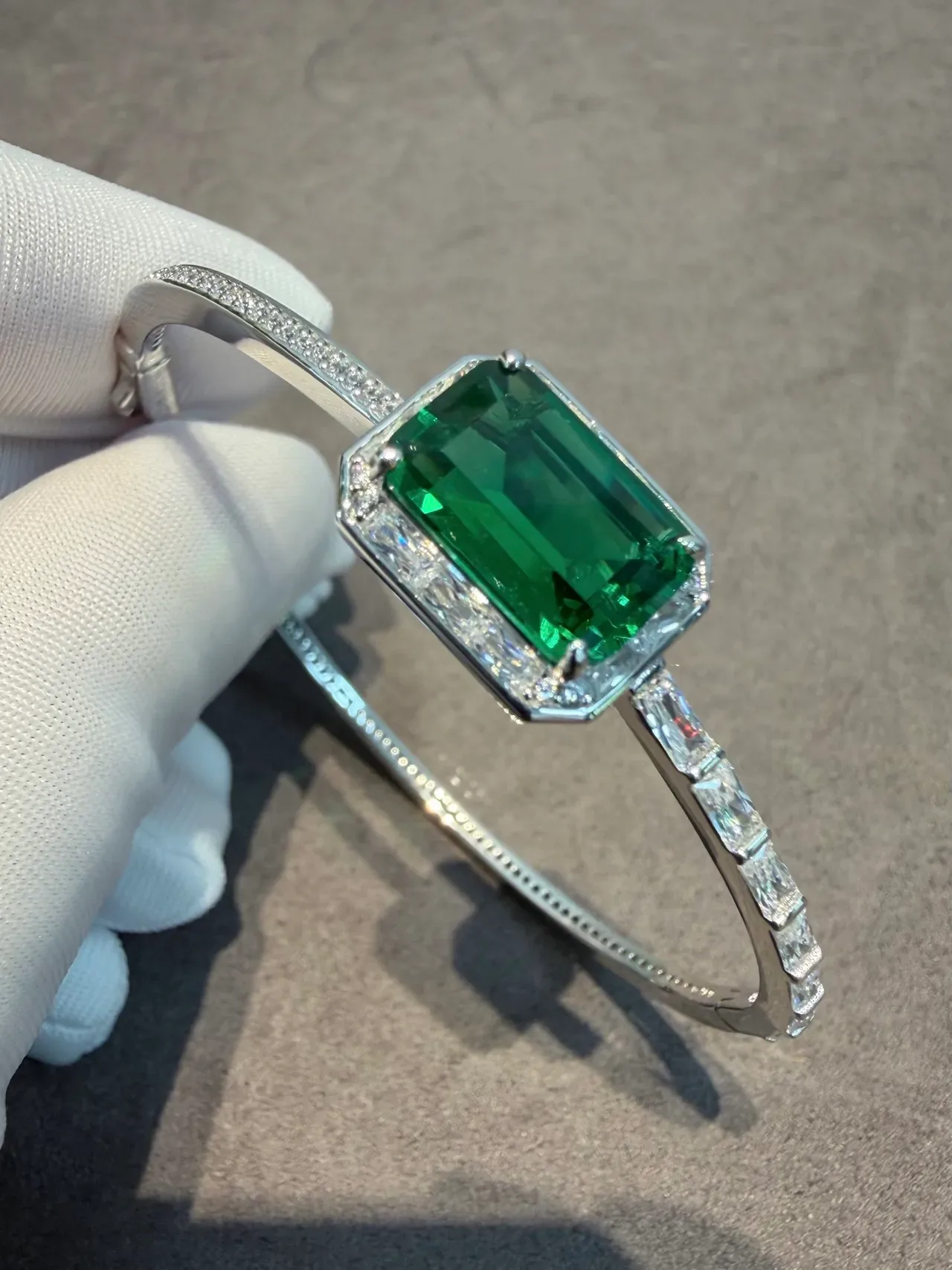 Emerald-Cut Green Gemstone Halo Bangle Bracelets 5
