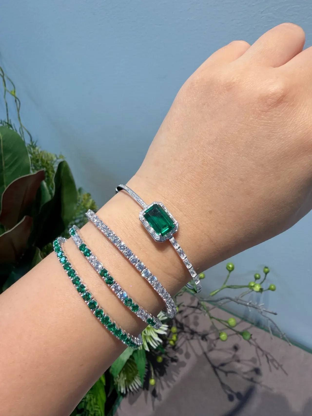 Emerald-Cut Green Gemstone Halo Bangle Bracelets 6