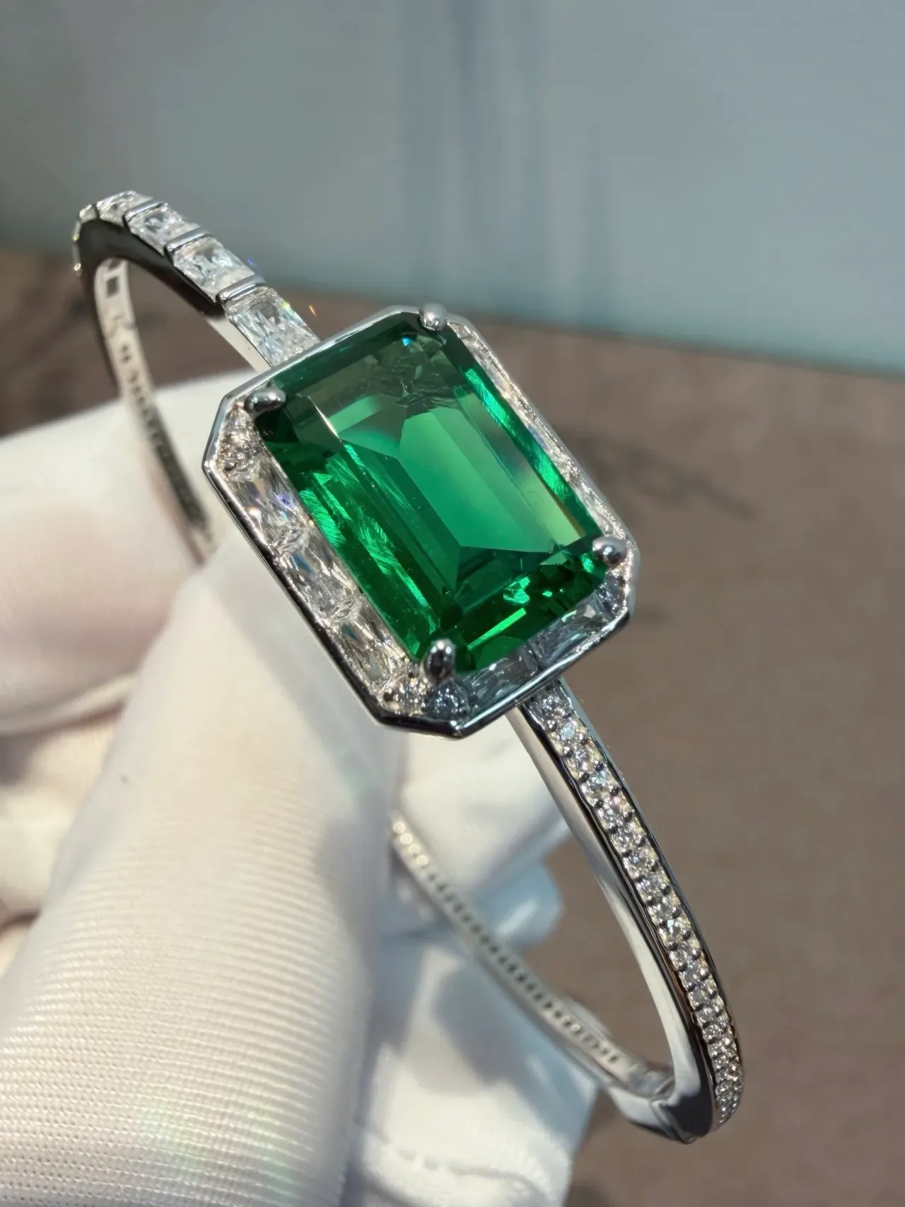 Emerald-Cut Green Gemstone Halo Bangle Bracelets 7