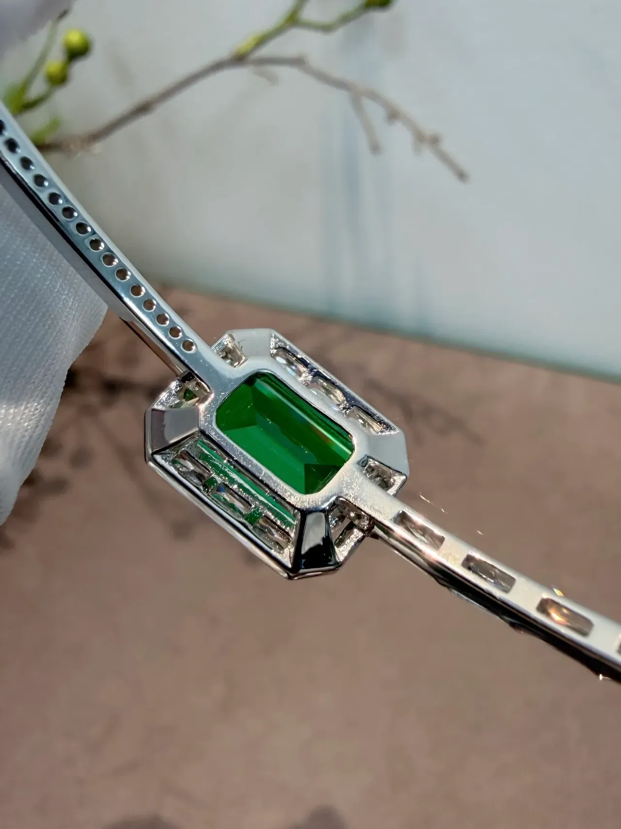 Emerald-Cut Green Gemstone Halo Bangle Bracelets 8