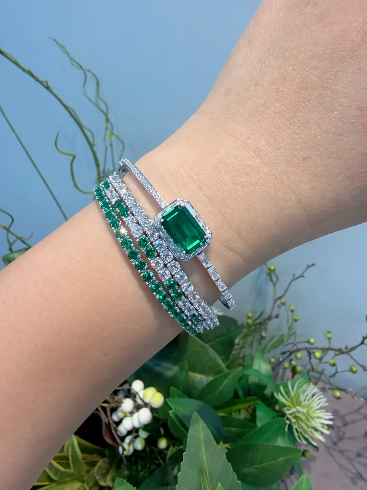Emerald-Cut Green Gemstone Halo Bangle Bracelets 9