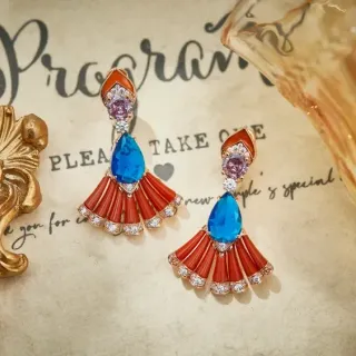 Fan-Shape Coral and Blue Teardrop Gemstone Earrings