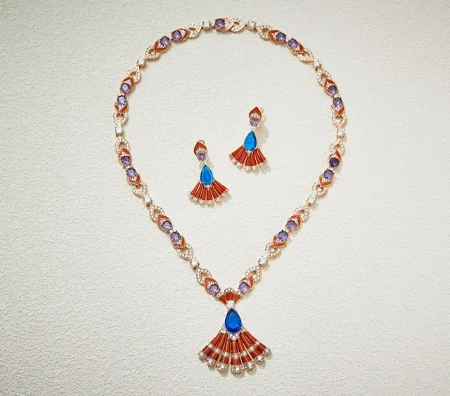 Fan-Shape Coral and Blue Teardrop Gemstone Earrings 2