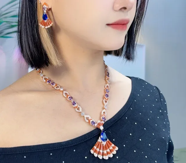 Fan-Shape Coral and Blue Teardrop Gemstone Earrings 3