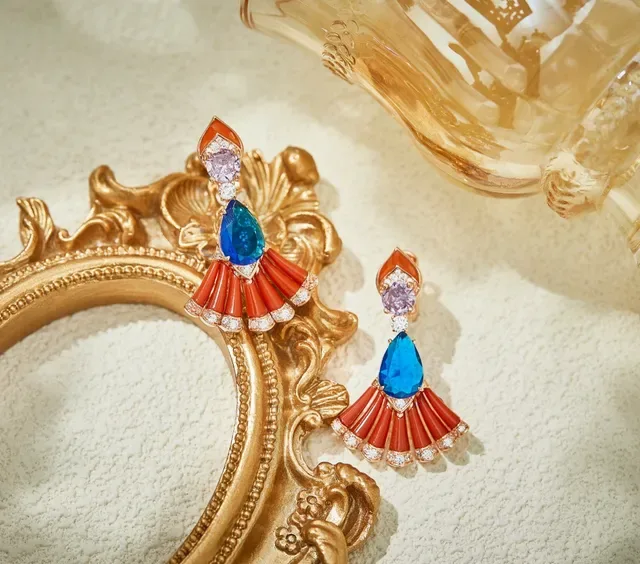 Fan-Shape Coral and Blue Teardrop Gemstone Earrings 4