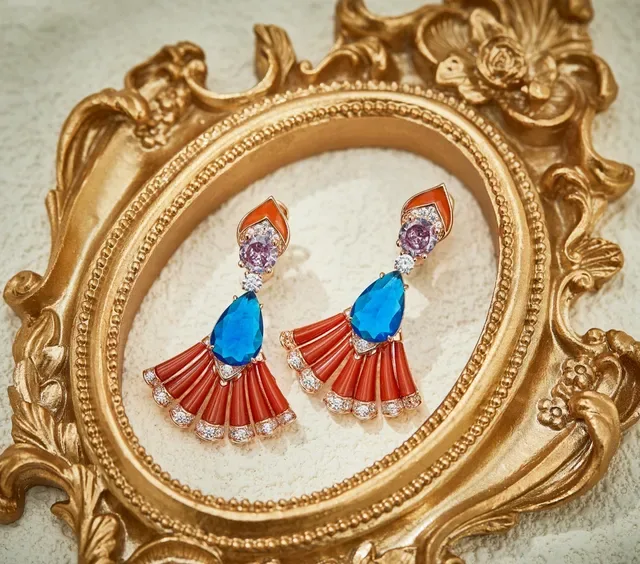 Fan-Shape Coral and Blue Teardrop Gemstone Earrings 5