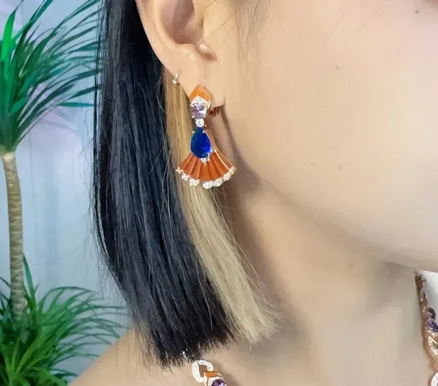 Fan-Shape Coral and Blue Teardrop Gemstone Earrings 6