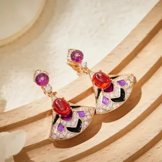 Fan-Shaped Gemstone and Enamel Drop Earrings