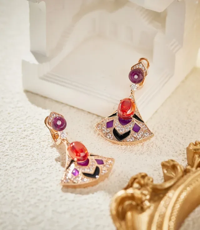 Fan-Shaped Gemstone and Enamel Drop Earrings 4