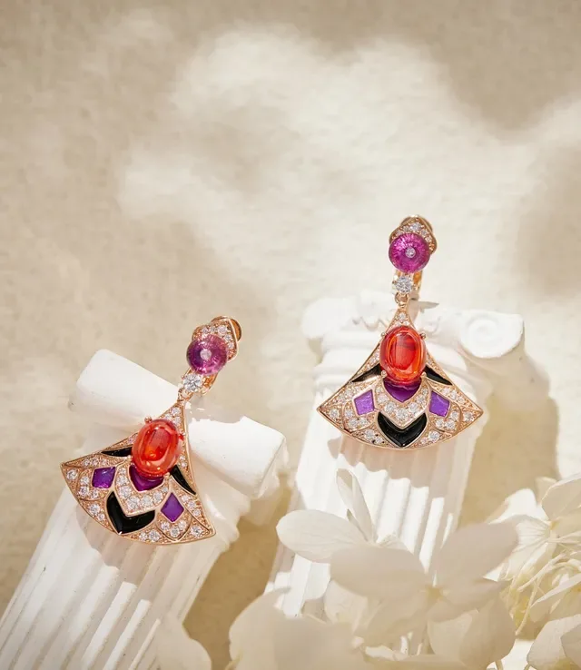 Fan-Shaped Gemstone and Enamel Drop Earrings 5