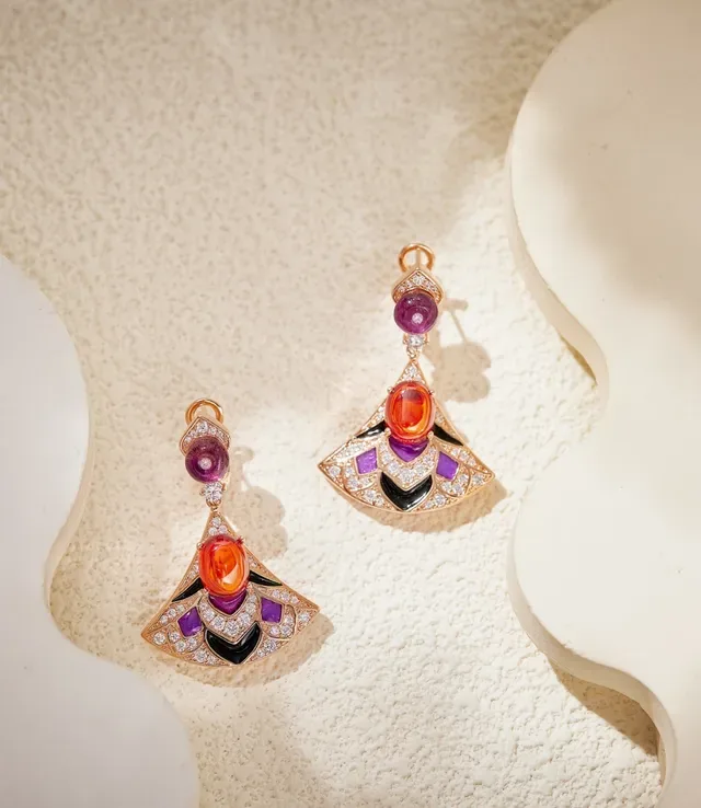 Fan-Shaped Gemstone and Enamel Drop Earrings 7