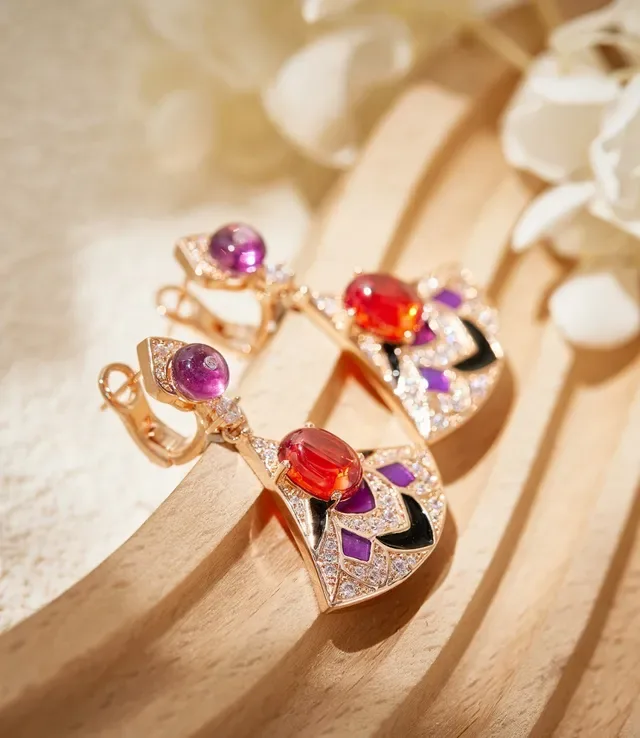Fan-Shaped Gemstone and Enamel Drop Earrings 8